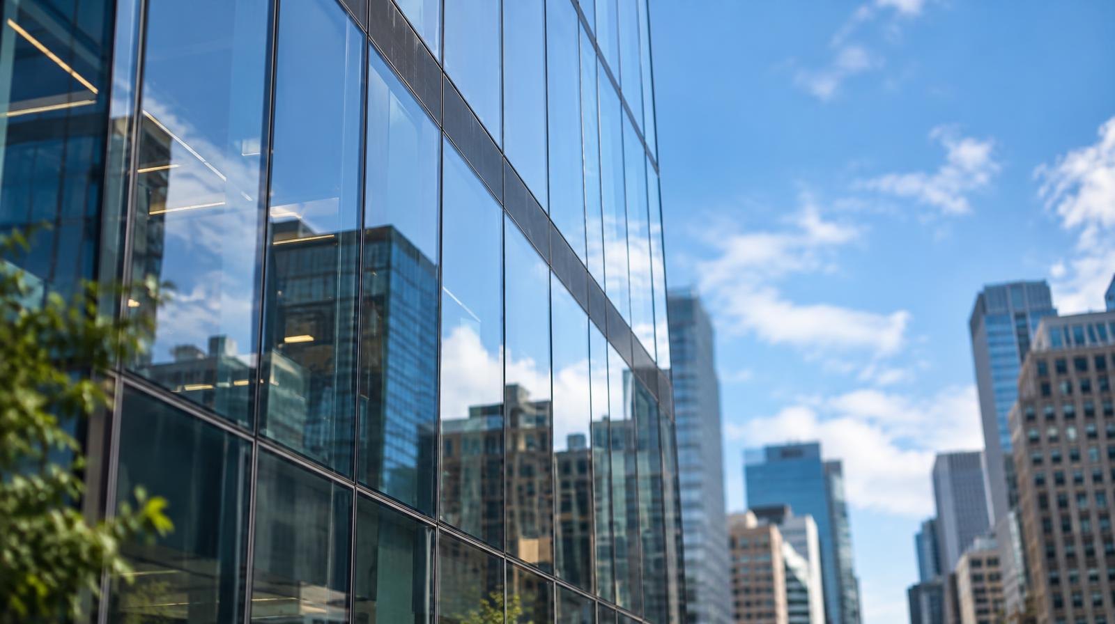 Close-up of a glass office tower facade reflecting a blue sky.