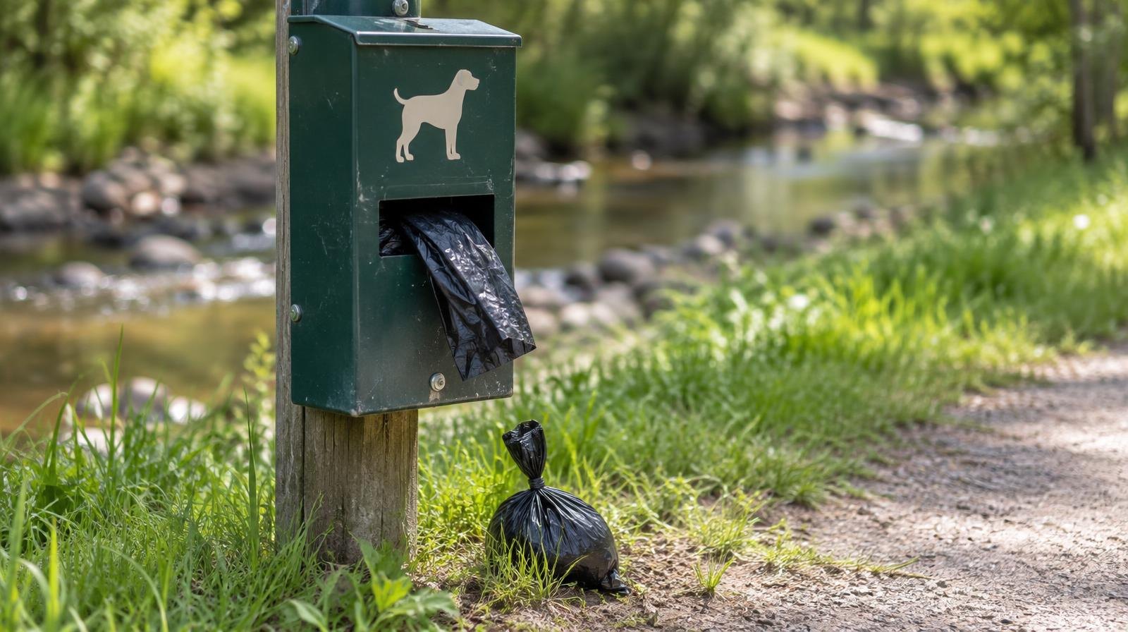 Dog waste bag dispenser on a post beside a sunny creek trail.