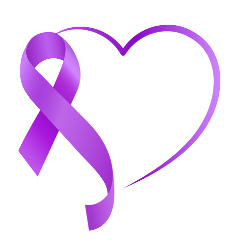 Purple awareness ribbon overlapping a purple heart outline on white background.