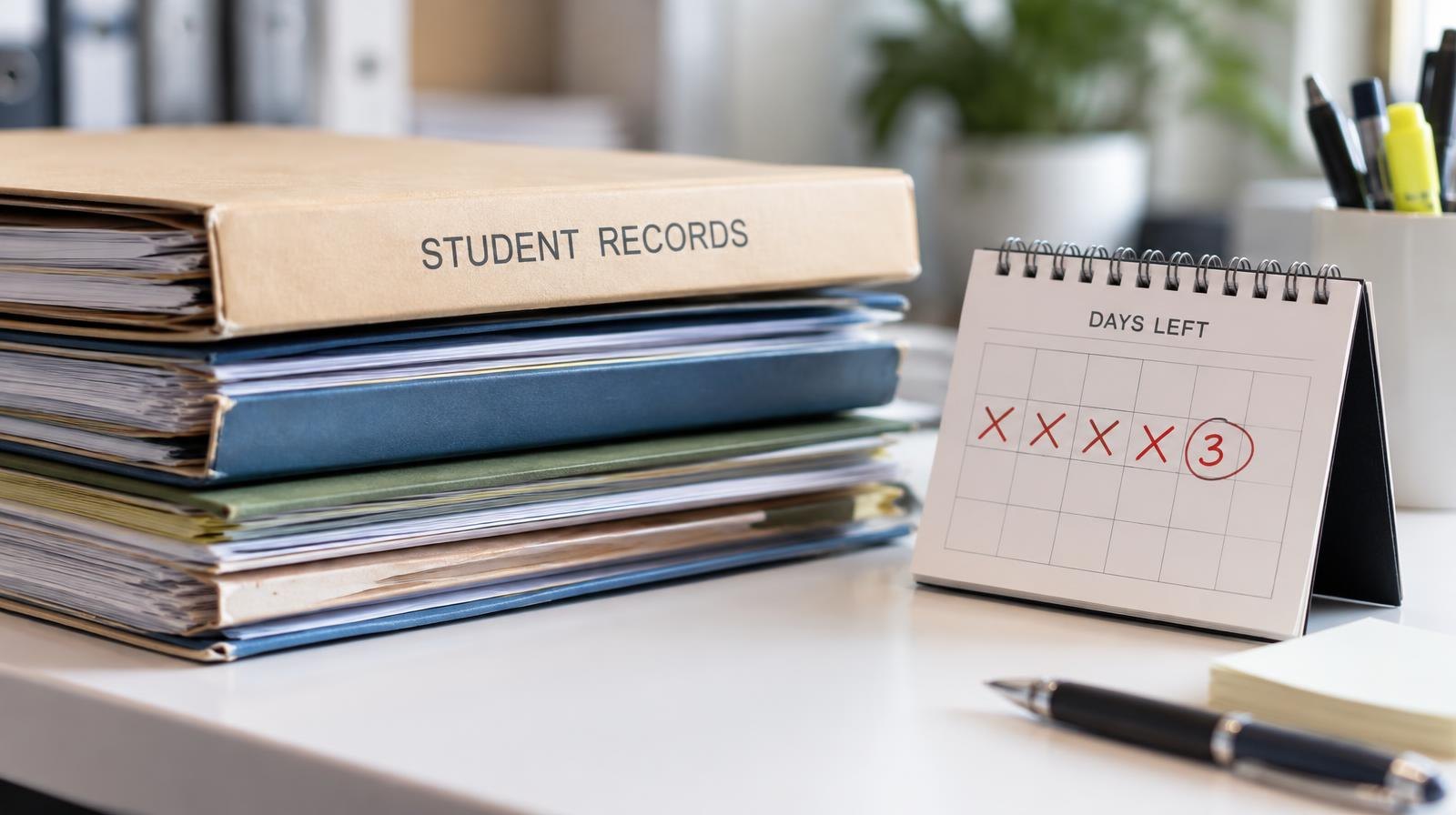 A stack of manila school records folders on a white desk surface.
