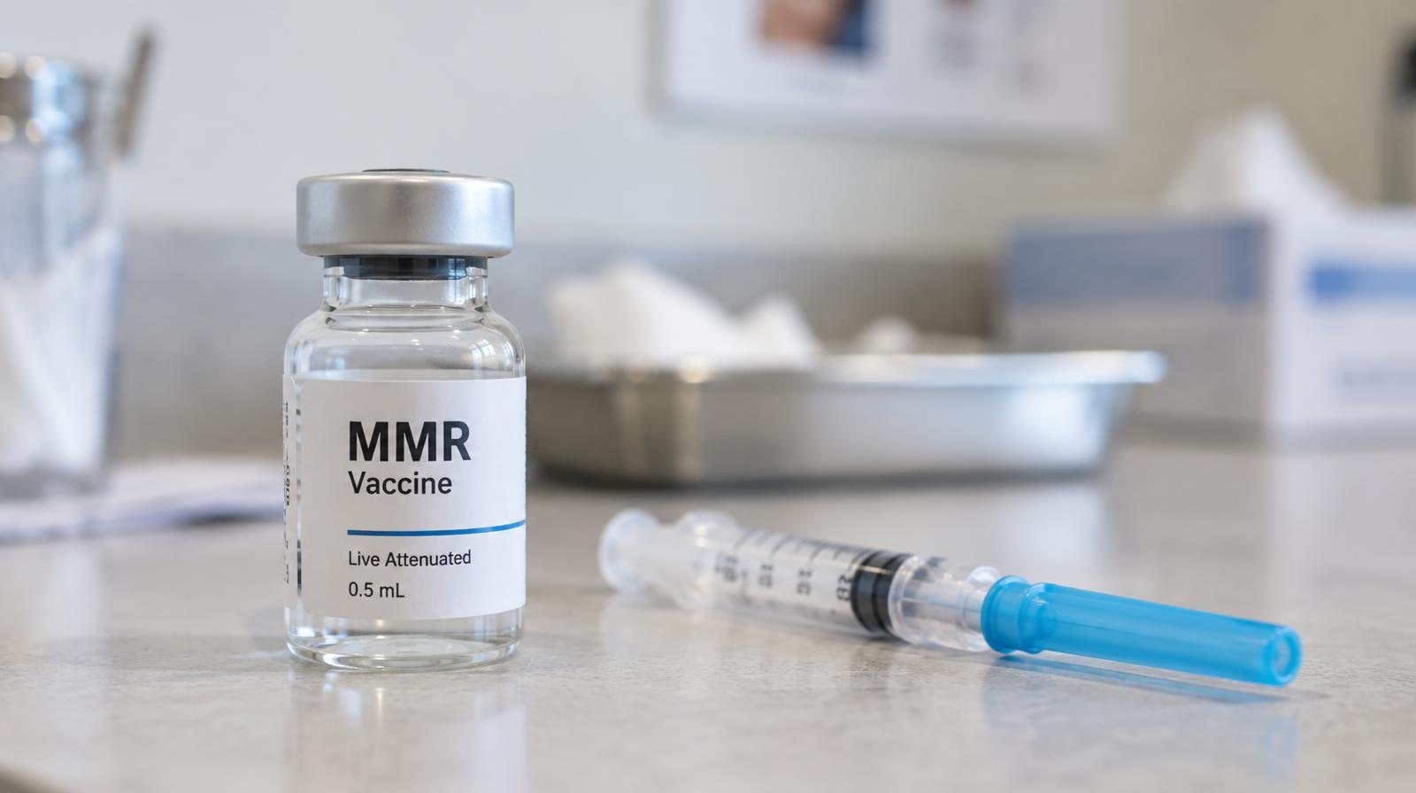 A glass vaccine vial and capped syringe resting on a clean white surface.