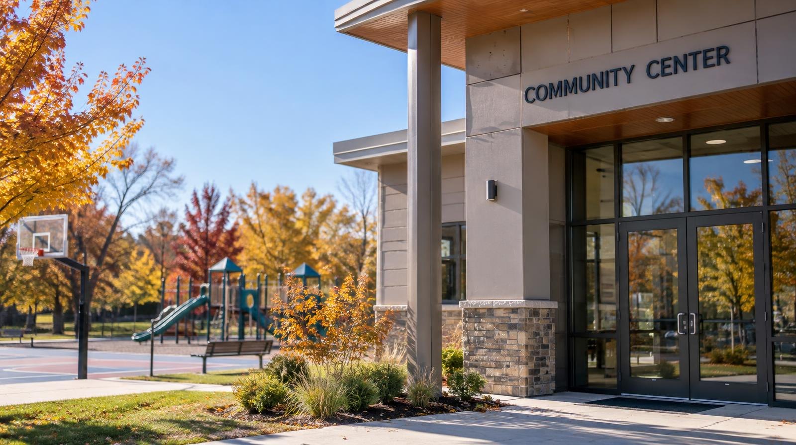 Modern community center building exterior with a playground and basketball court alongside it.