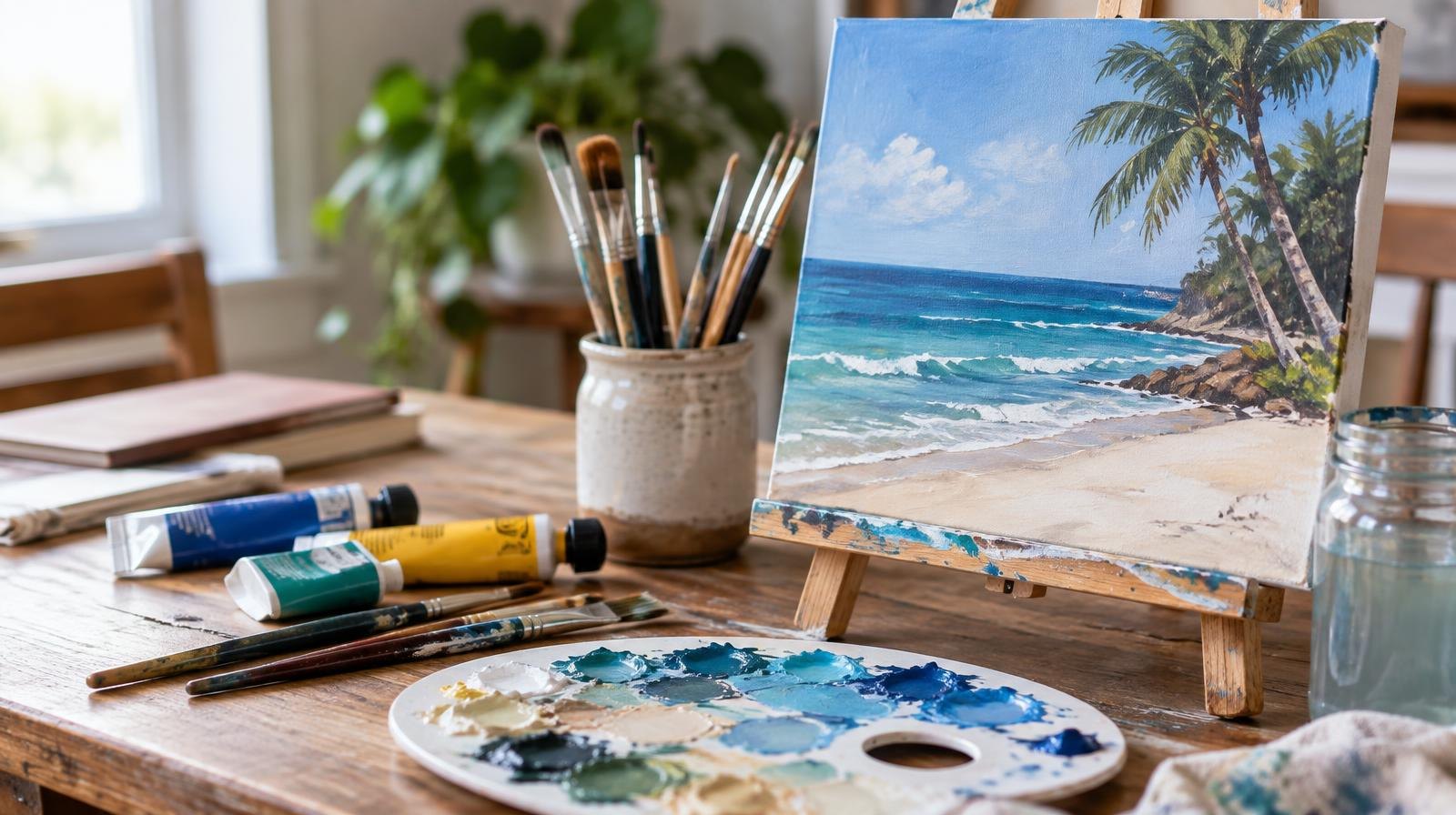Acrylic paint tubes and brushes beside a small canvas with a painted beach scene.