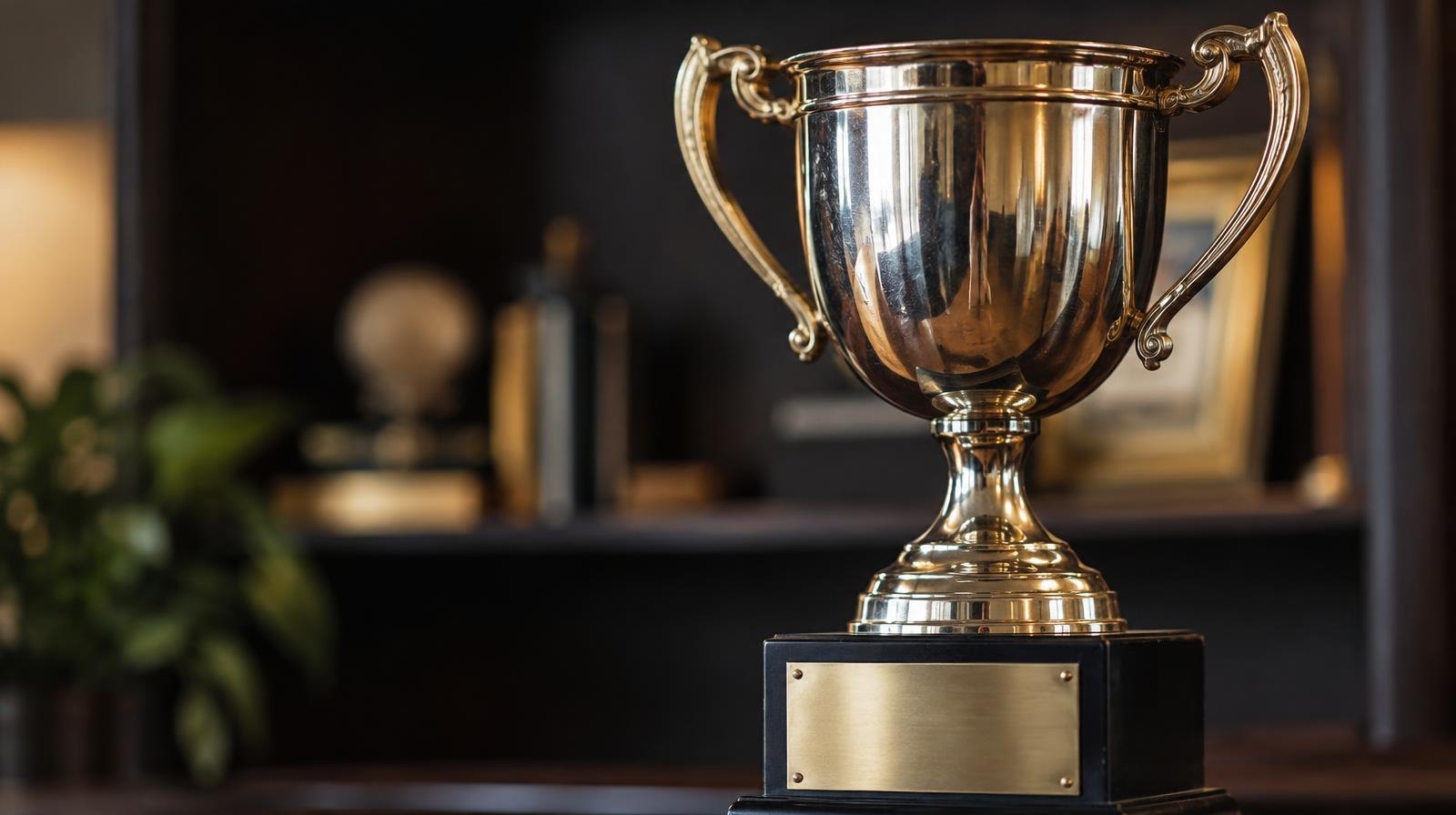 A large shiny trophy cup displayed on a pedestal against a dark background.