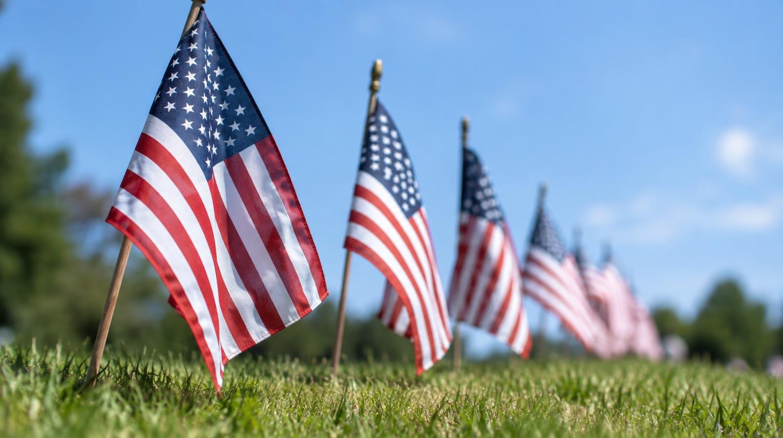 A row of small American flags planted in green grass against a blue sky.