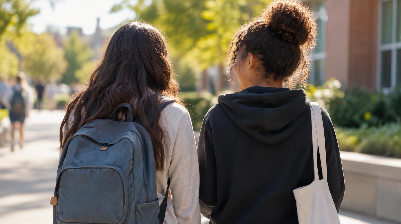 Two teenagers walking side by side on a sunny outdoor path, one carrying a backpack.