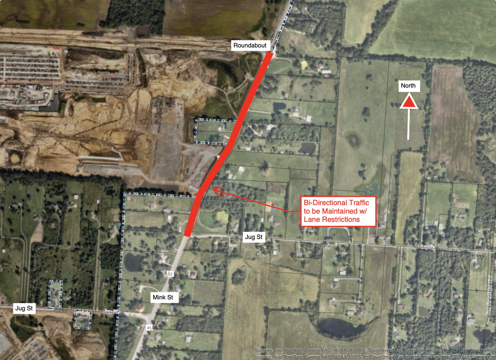 Aerial map of Mink Street with a red line marking the lane restriction area.