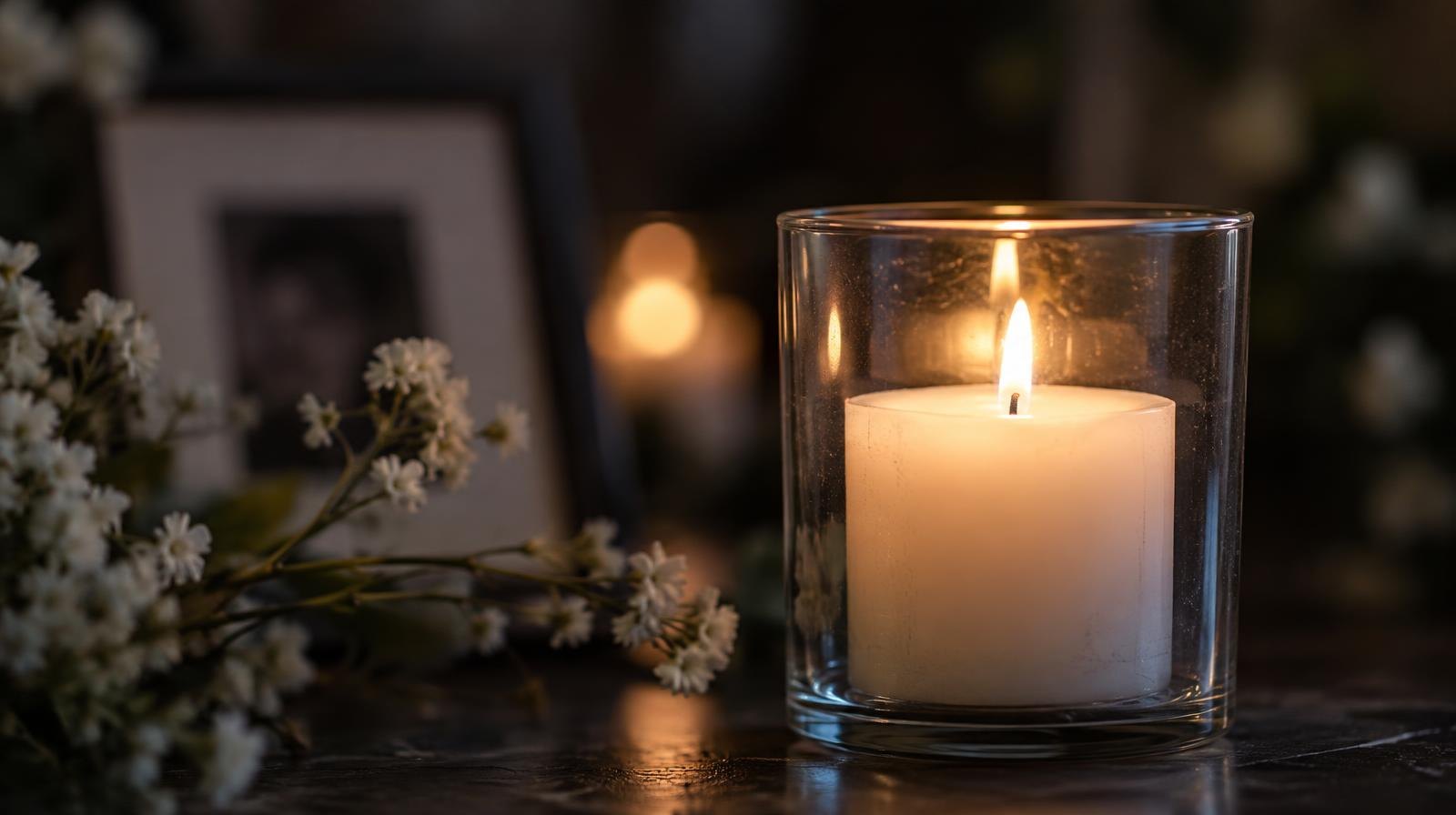 A single white candle flame glowing softly in a glass holder.