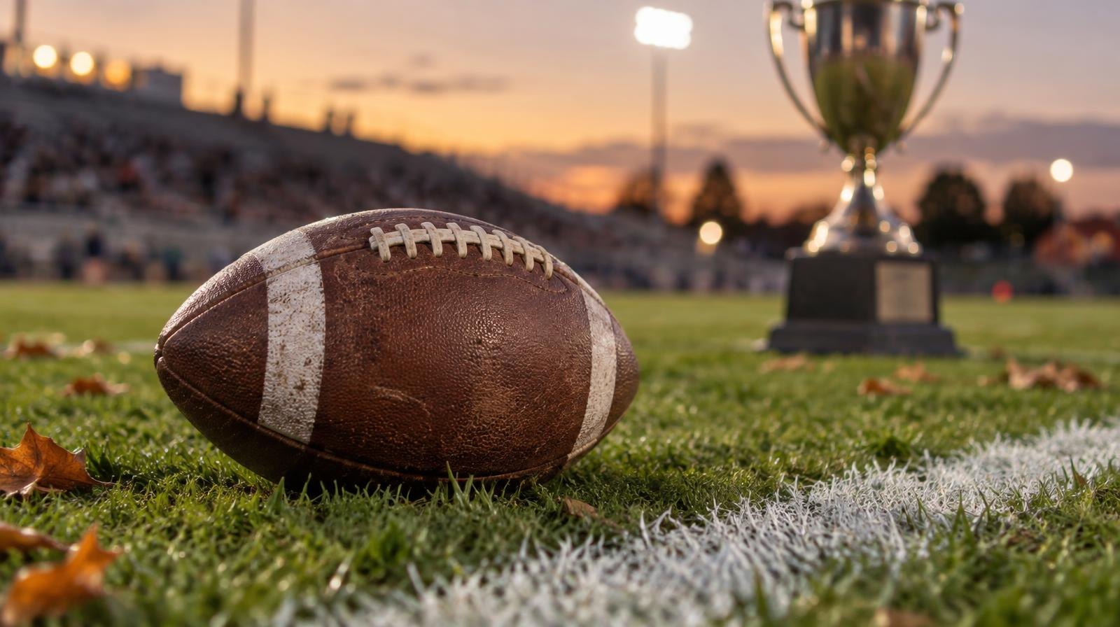 An American football on a grass field next to a white yard line, trophy behind it.