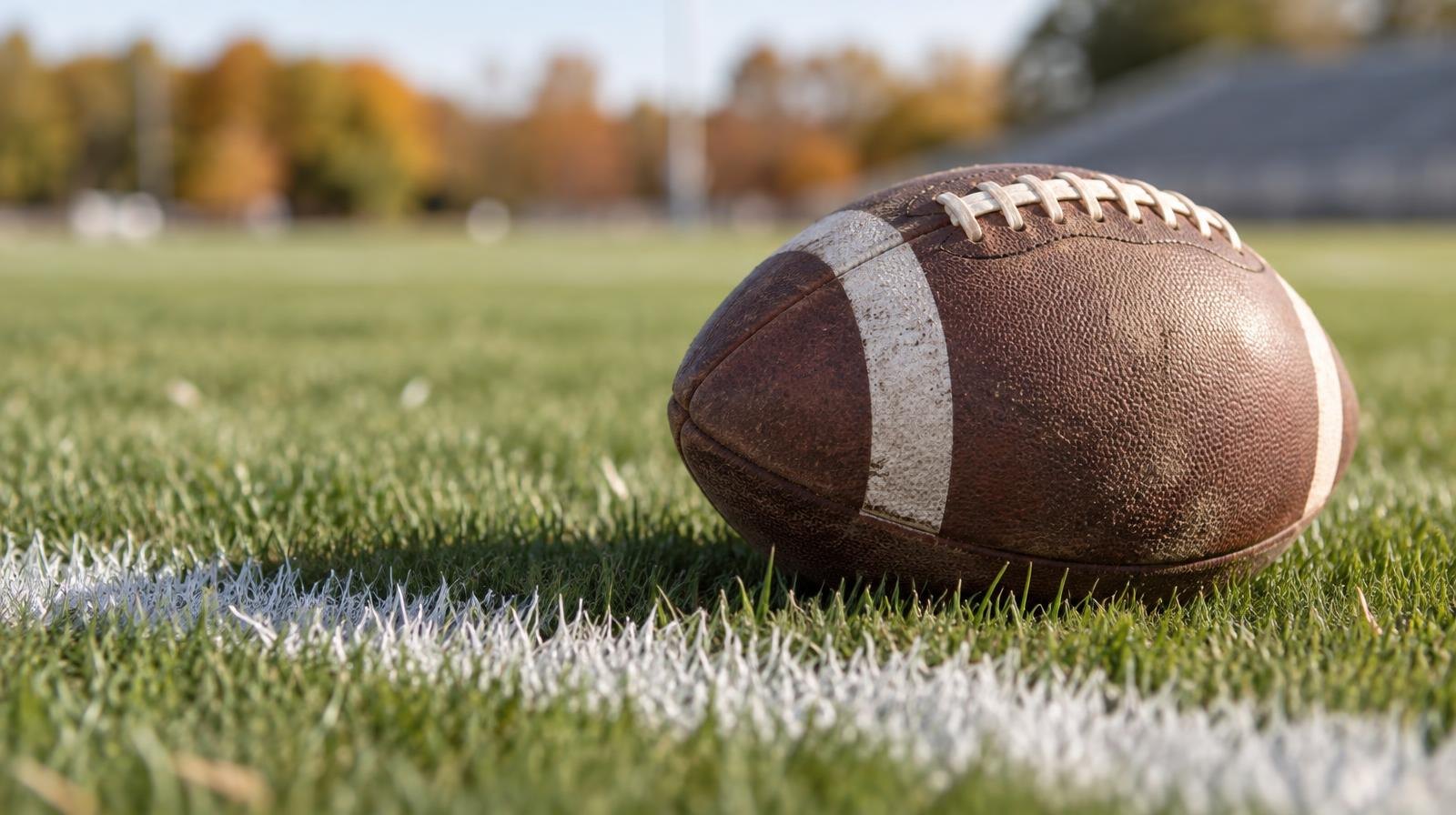 An American football resting on green grass beside a white painted yard line.