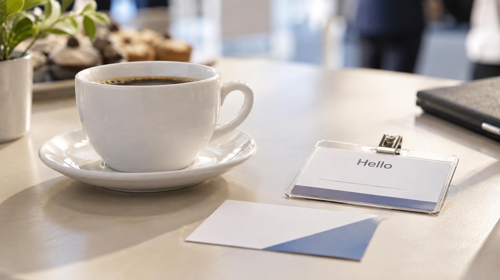 A white ceramic coffee cup beside a name tag badge and business card on a table.