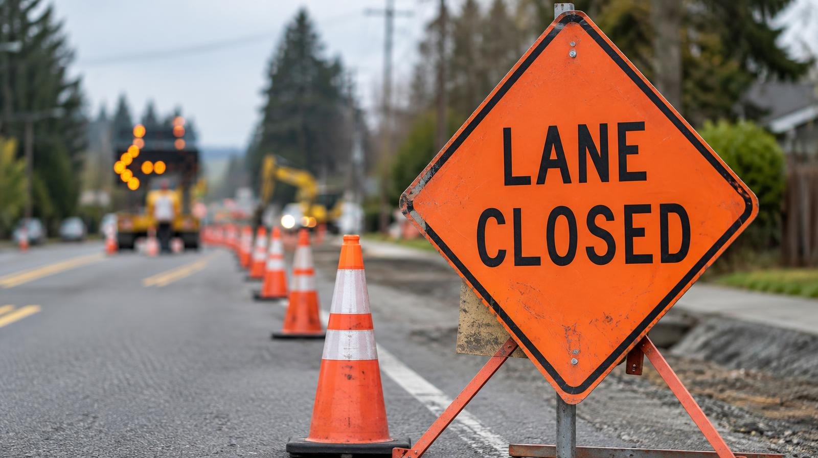 Orange lane closure signs and traffic cones line a two-lane suburban road.