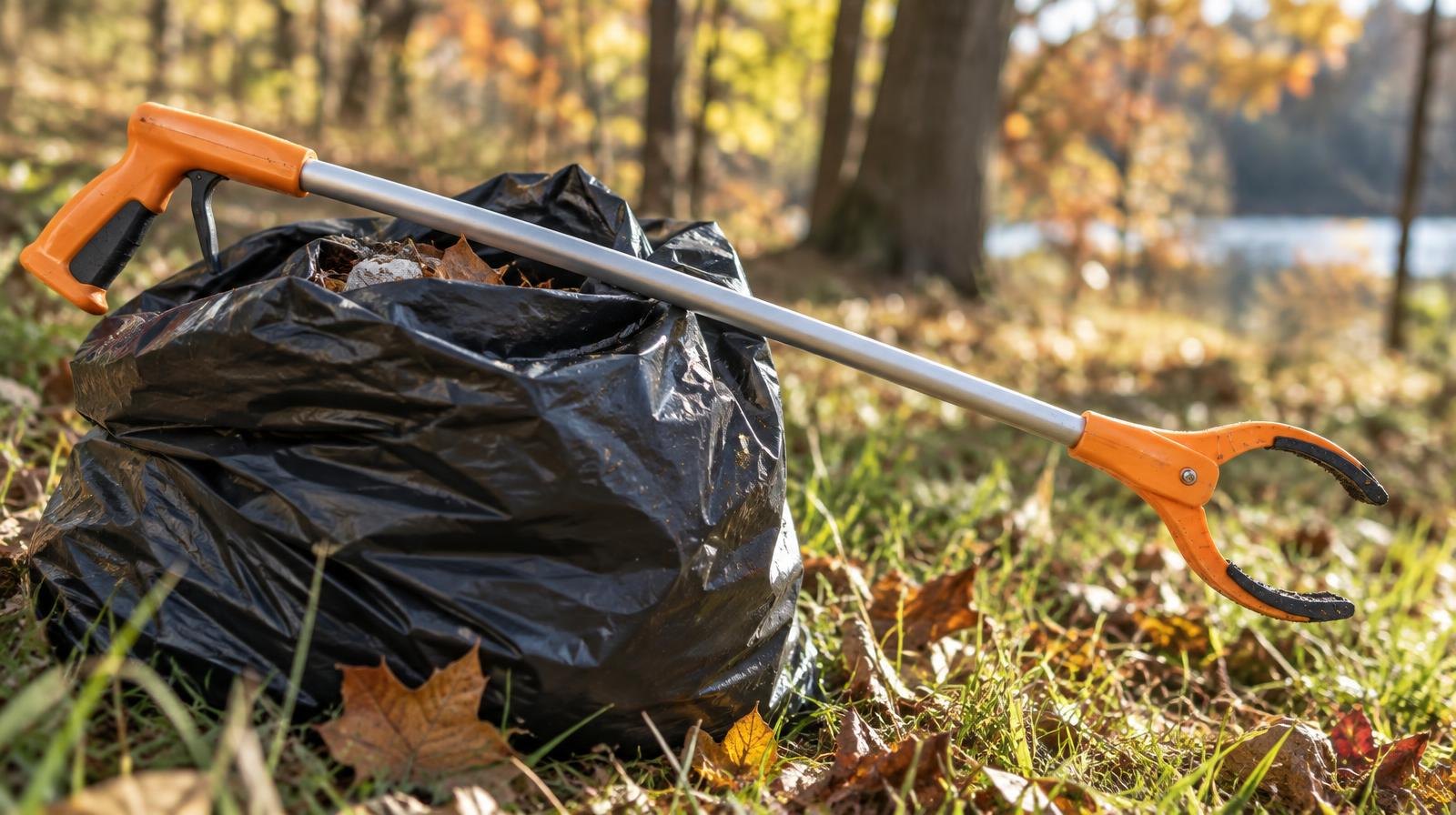 Orange litter-picker tool resting on a black trash bag on a leaf-covered forest floor.