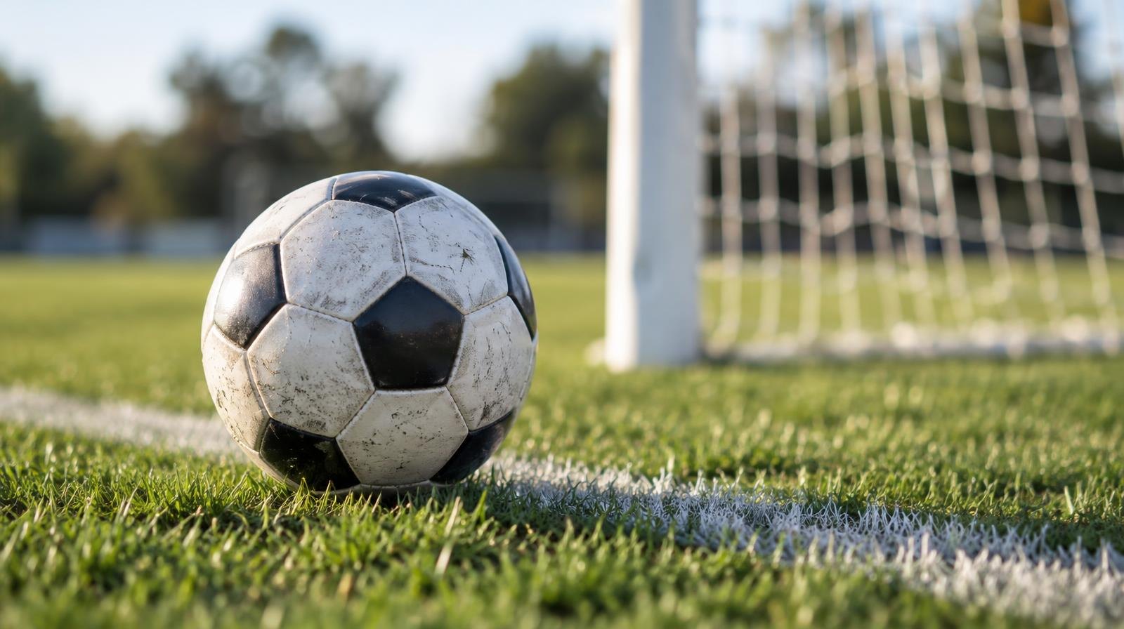 A black-and-white soccer ball on green grass near a goal net.