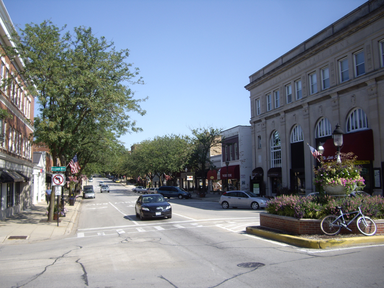 Tree-lined downtown street with commercial buildings, parked cars, and flower planters on a sunny day.