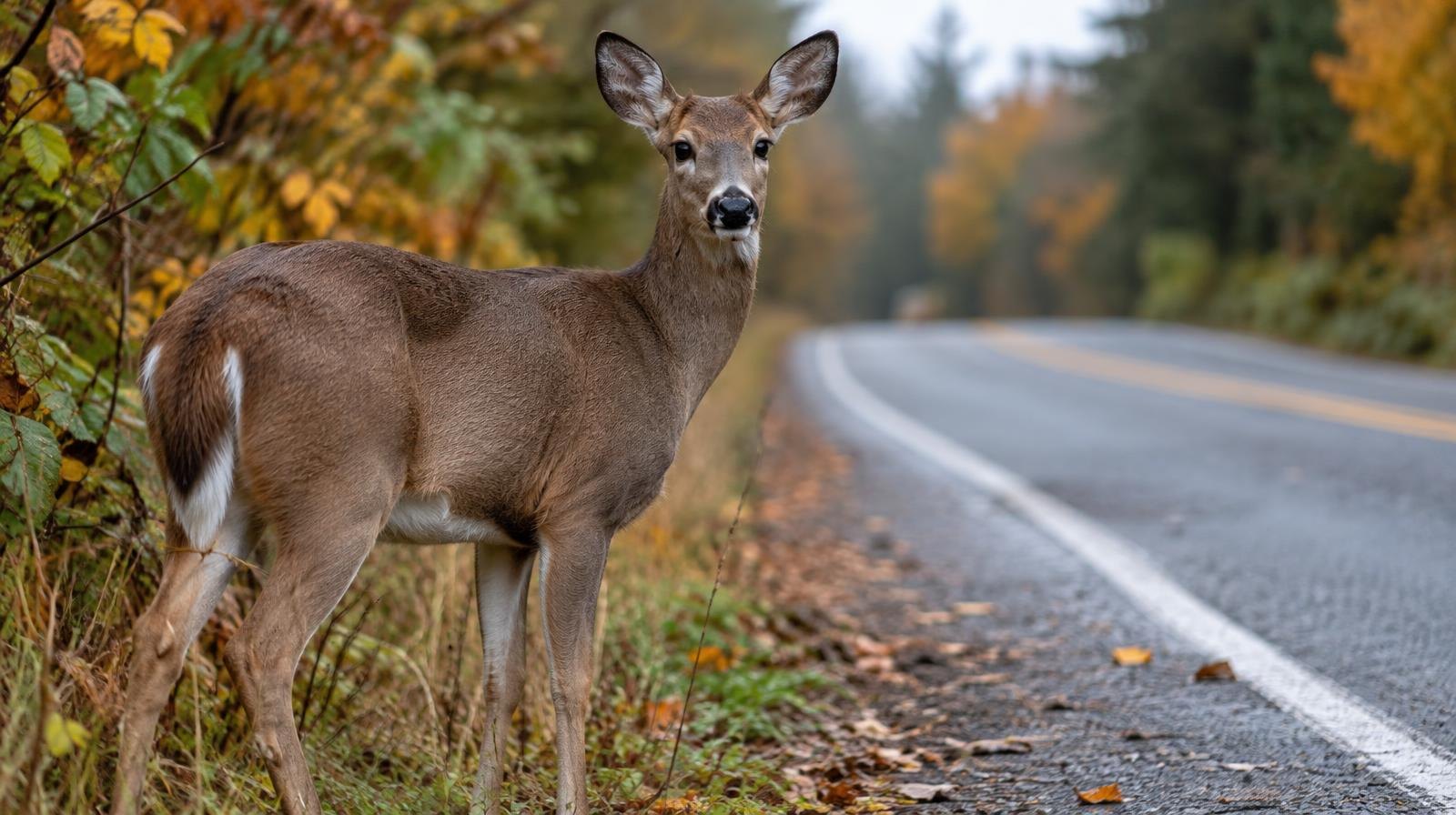 A deer stands at the edge of a two-lane road surrounded by autumn foliage.