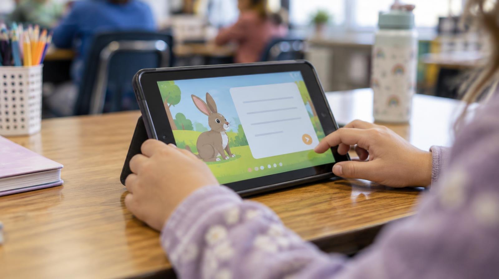 Child's hands on a tablet showing a colorful reading app on a wooden desk.