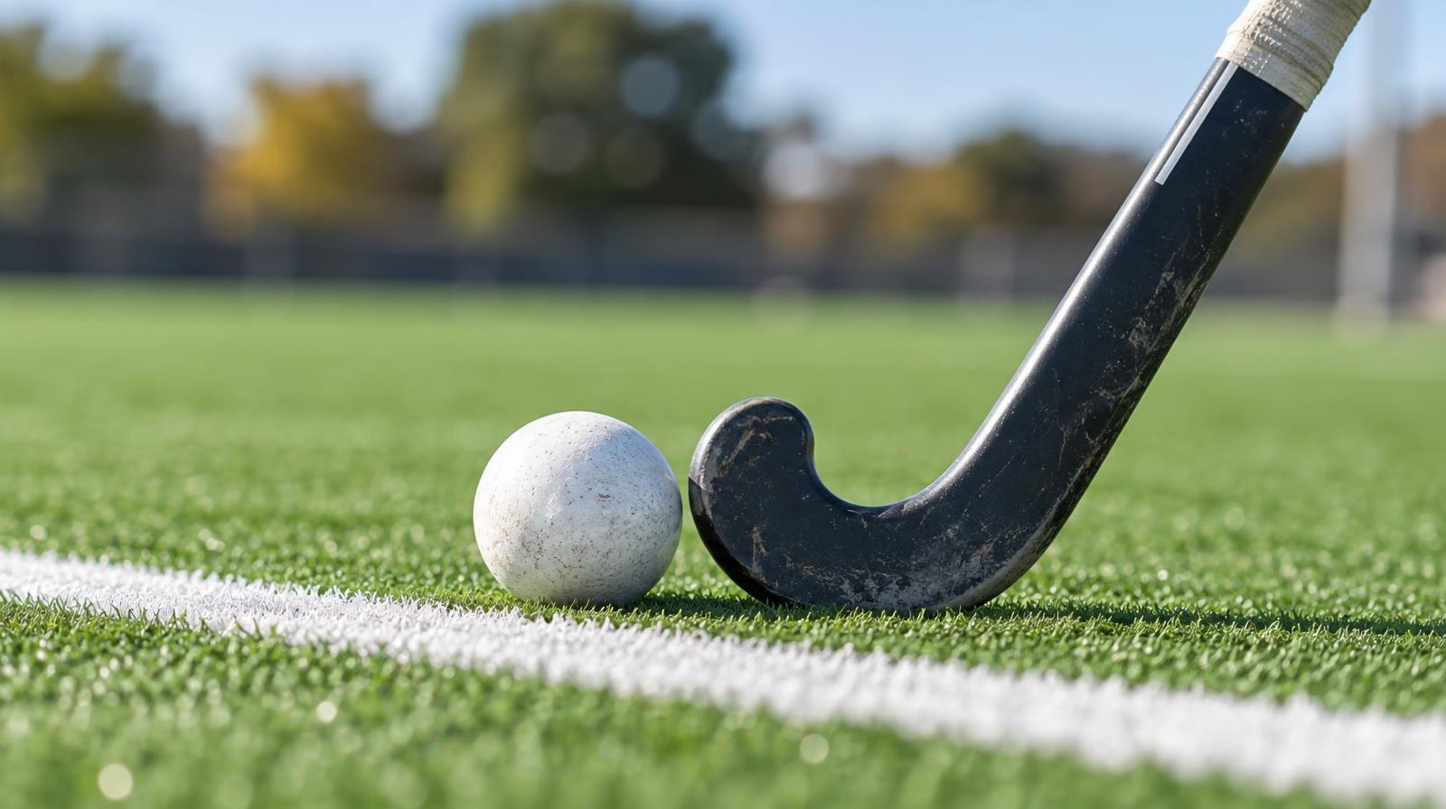 A field hockey stick and ball resting on green artificial turf near a white painted line.