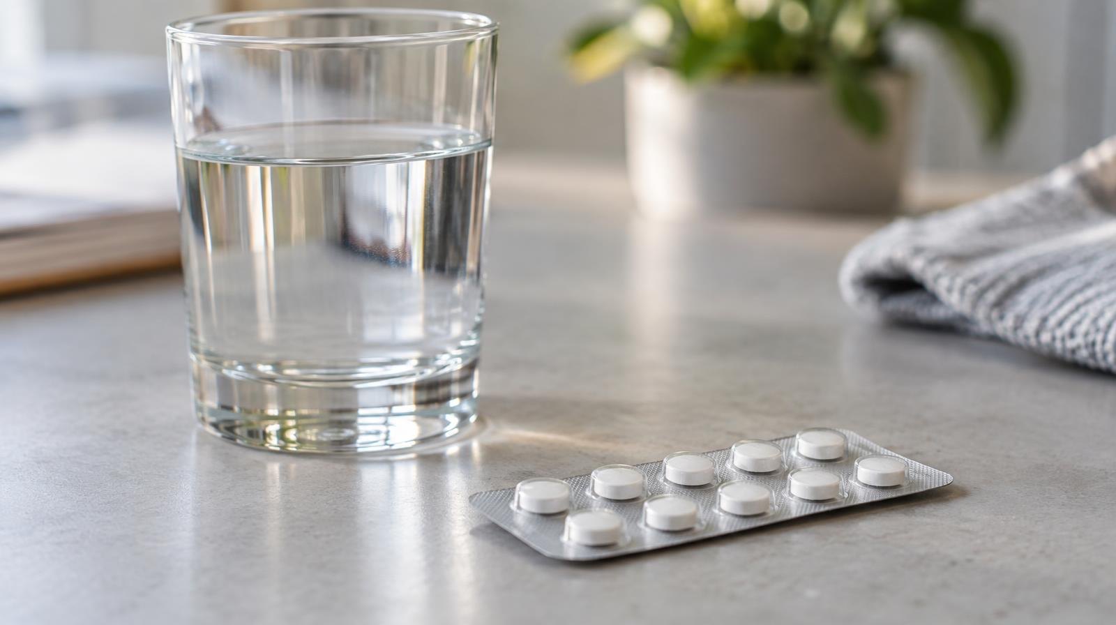Blister pack of white pills beside a glass of water on a plain surface.