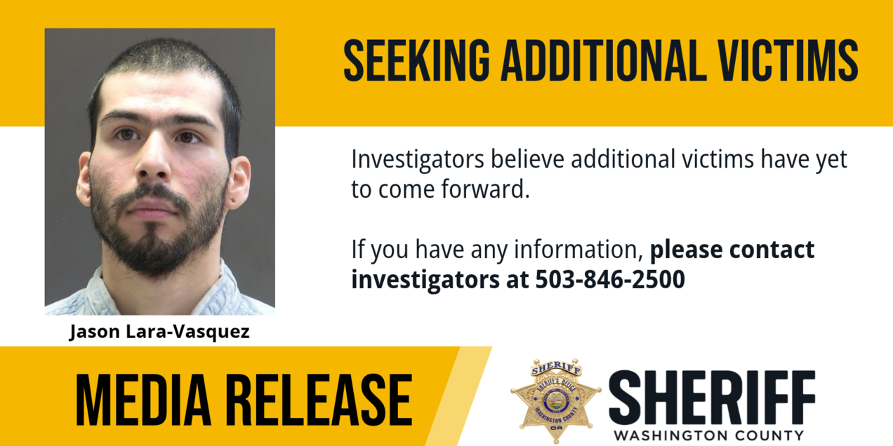 Official sheriff's office media release graphic seeking additional victims of a named suspect.