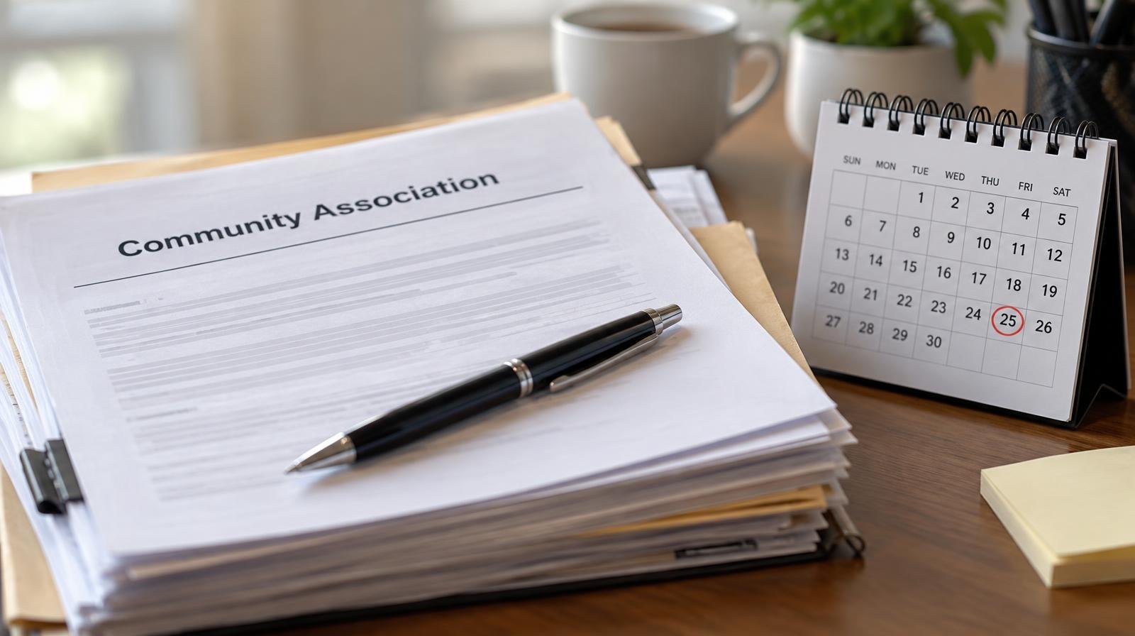Stack of official documents with a pen and calendar on a desk.