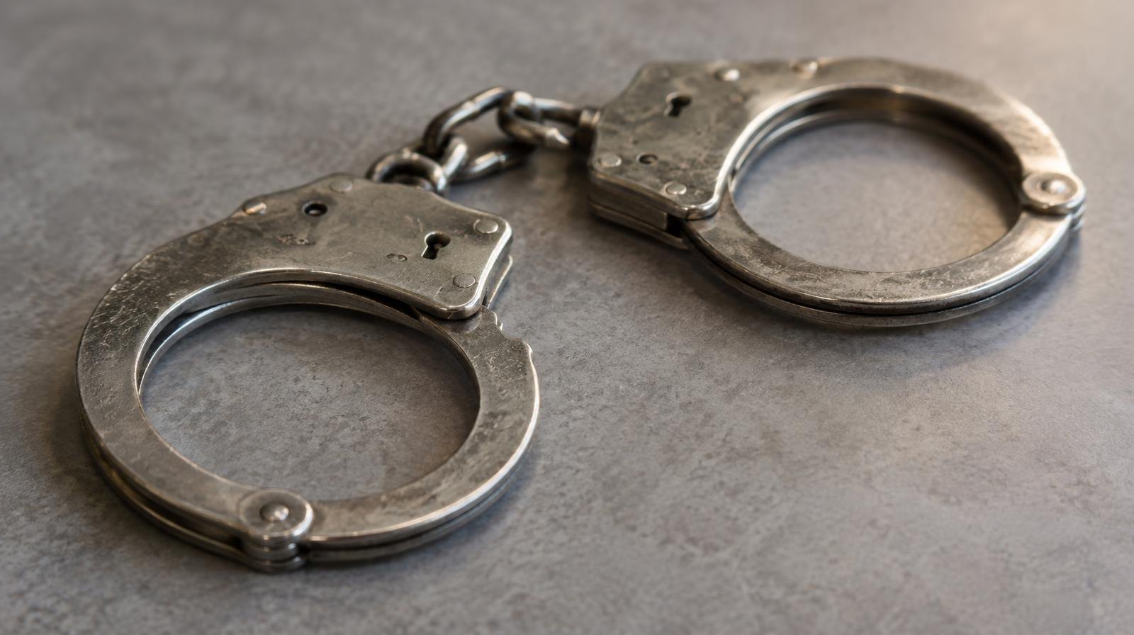 A pair of steel handcuffs resting on a plain surface.