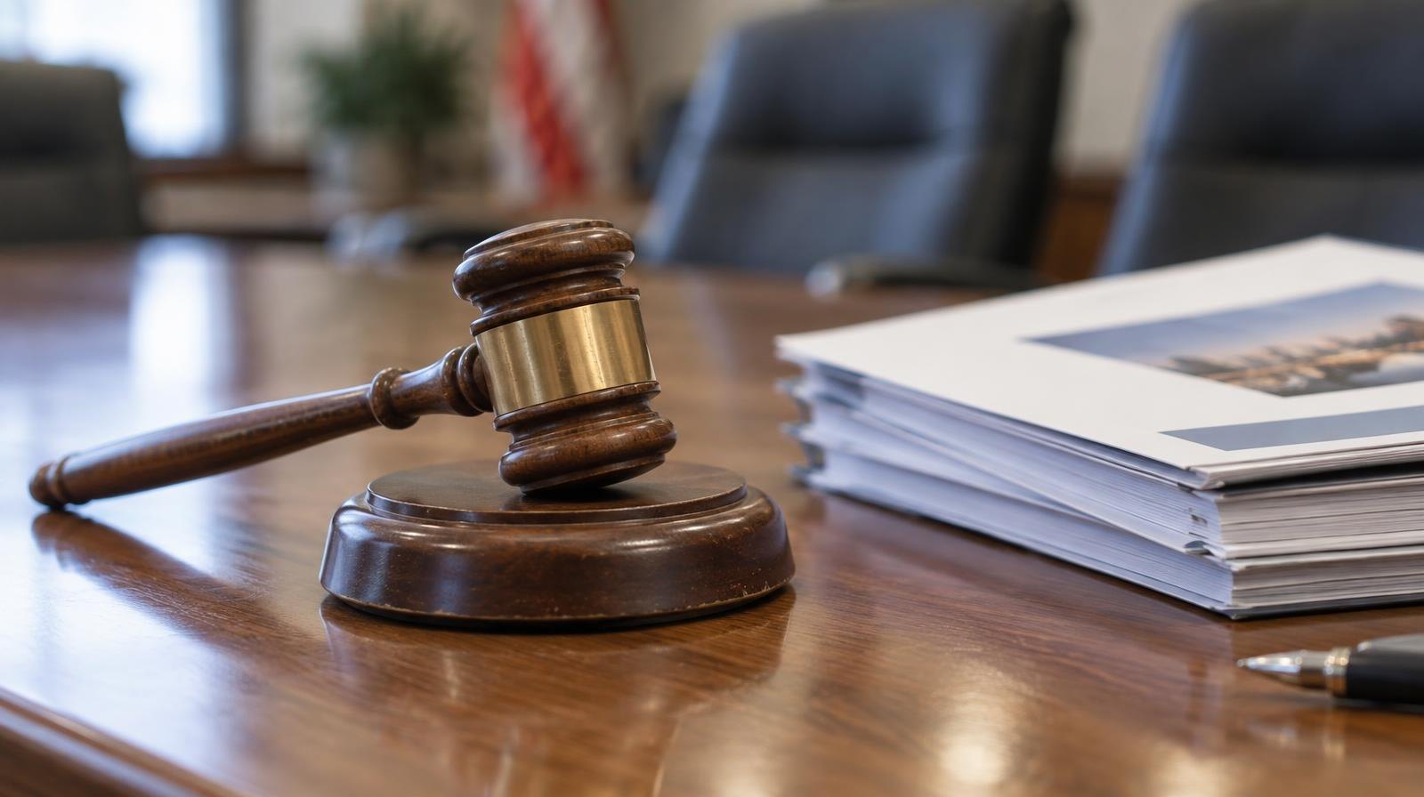 Wooden gavel on its sound block next to stacked documents on a polished table.