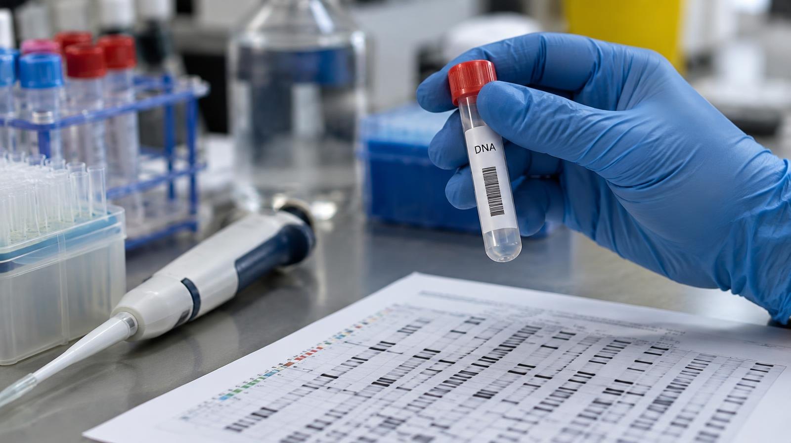 Gloved hand holding a DNA sample tube beside a pipette on a lab bench.