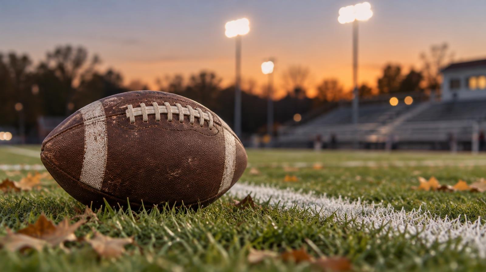 An American football on a grass field beside a white yard line with stadium lights glowing at dusk.