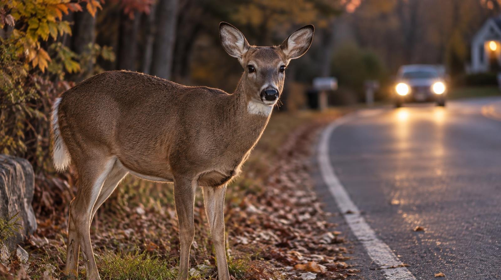A deer illuminated by headlights at the edge of a road at dusk.