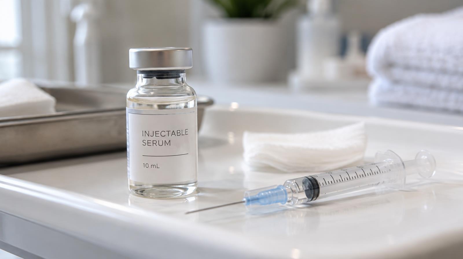 A glass vial and sterile syringe resting on a white clinical tray.