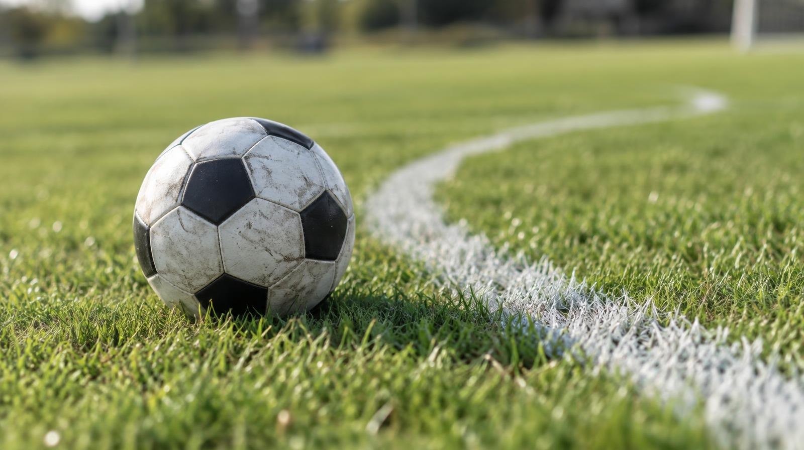 A black-and-white soccer ball on a grass field near a painted white arc.