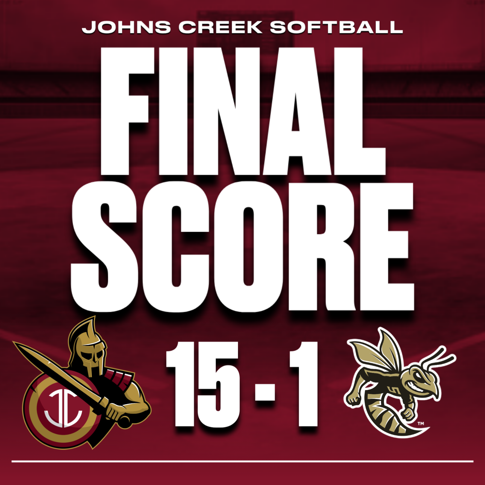 Branded graphic showing Johns Creek Softball final score 15 to 1 on a dark red background.