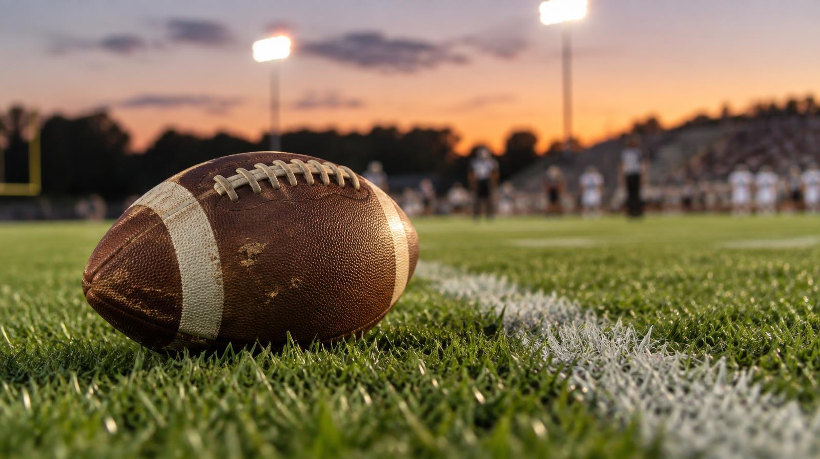 An American football resting on green grass beside a white yard line under stadium lights.