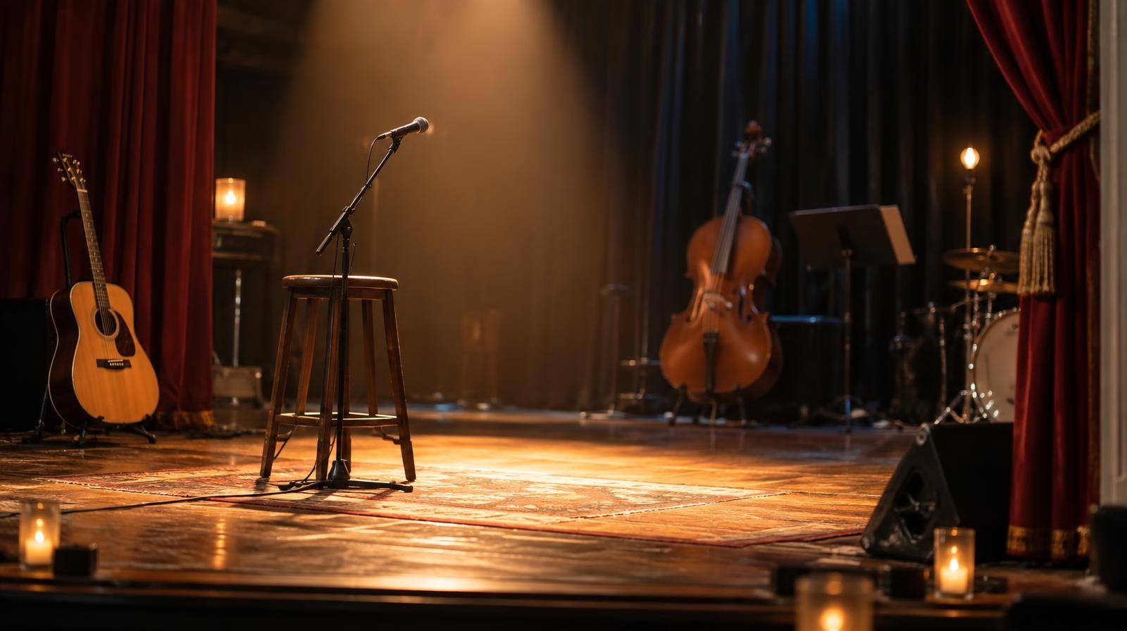 Empty wooden stage lit by a warm spotlight with a guitar and cello nearby.