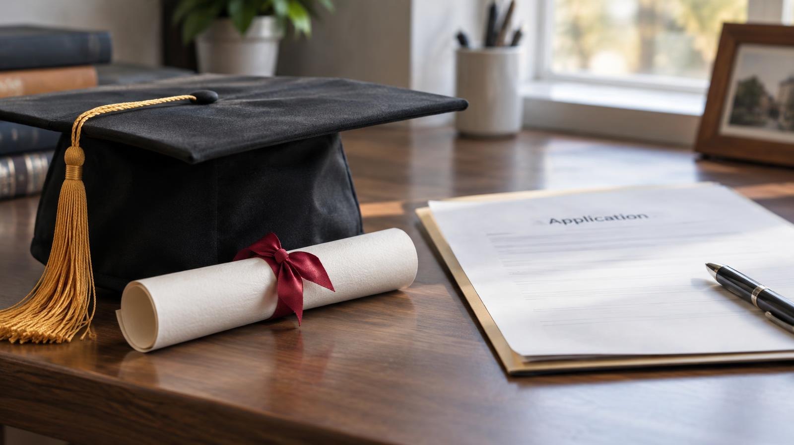 Graduation cap and diploma on a desk beside a folder and pen.