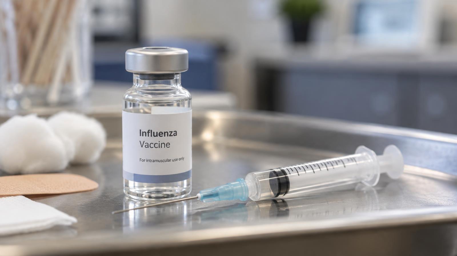 A filled syringe and small glass vial resting on a clean medical tray.