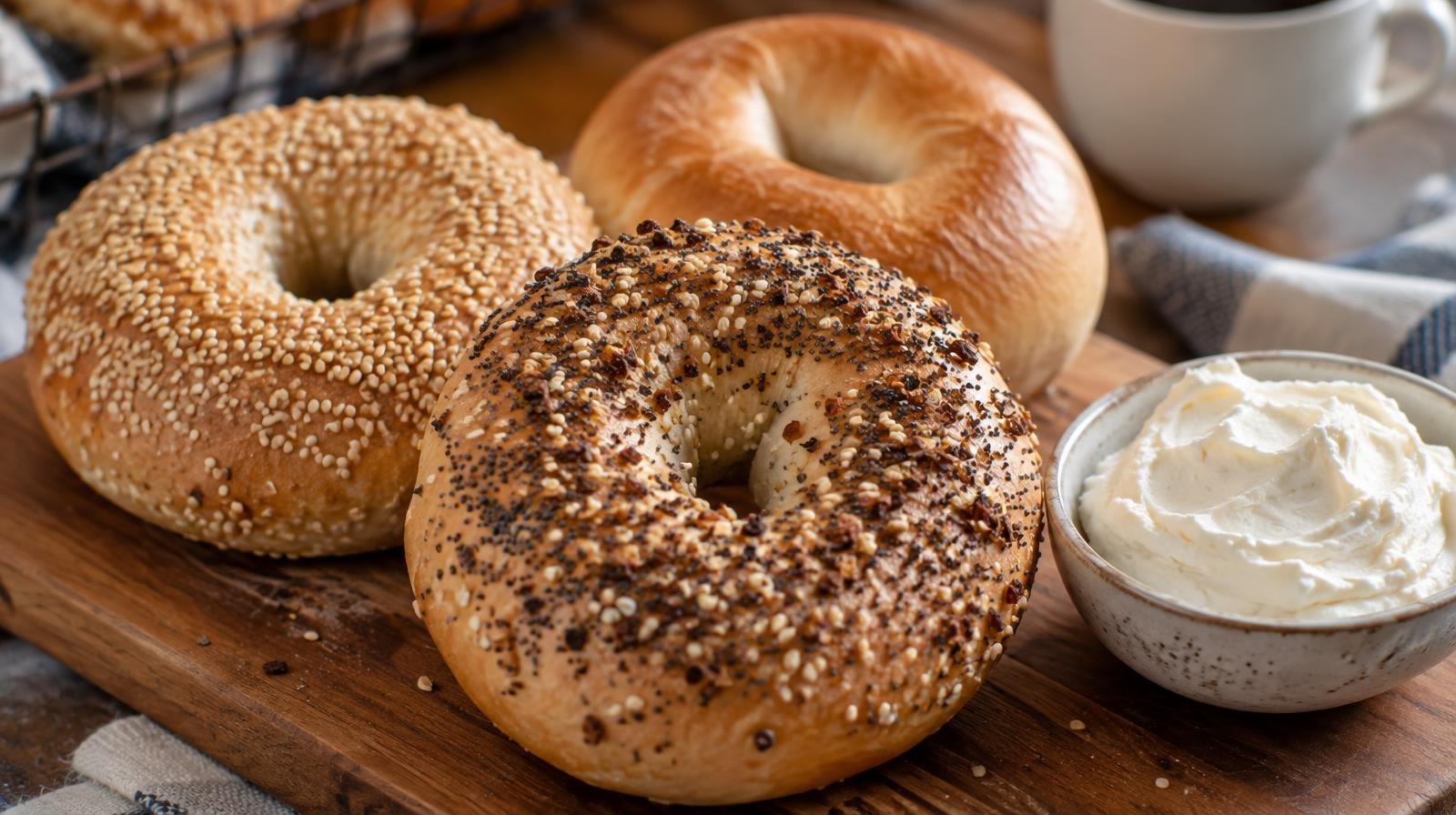 Assorted freshly baked bagels on a wooden board with cream cheese.
