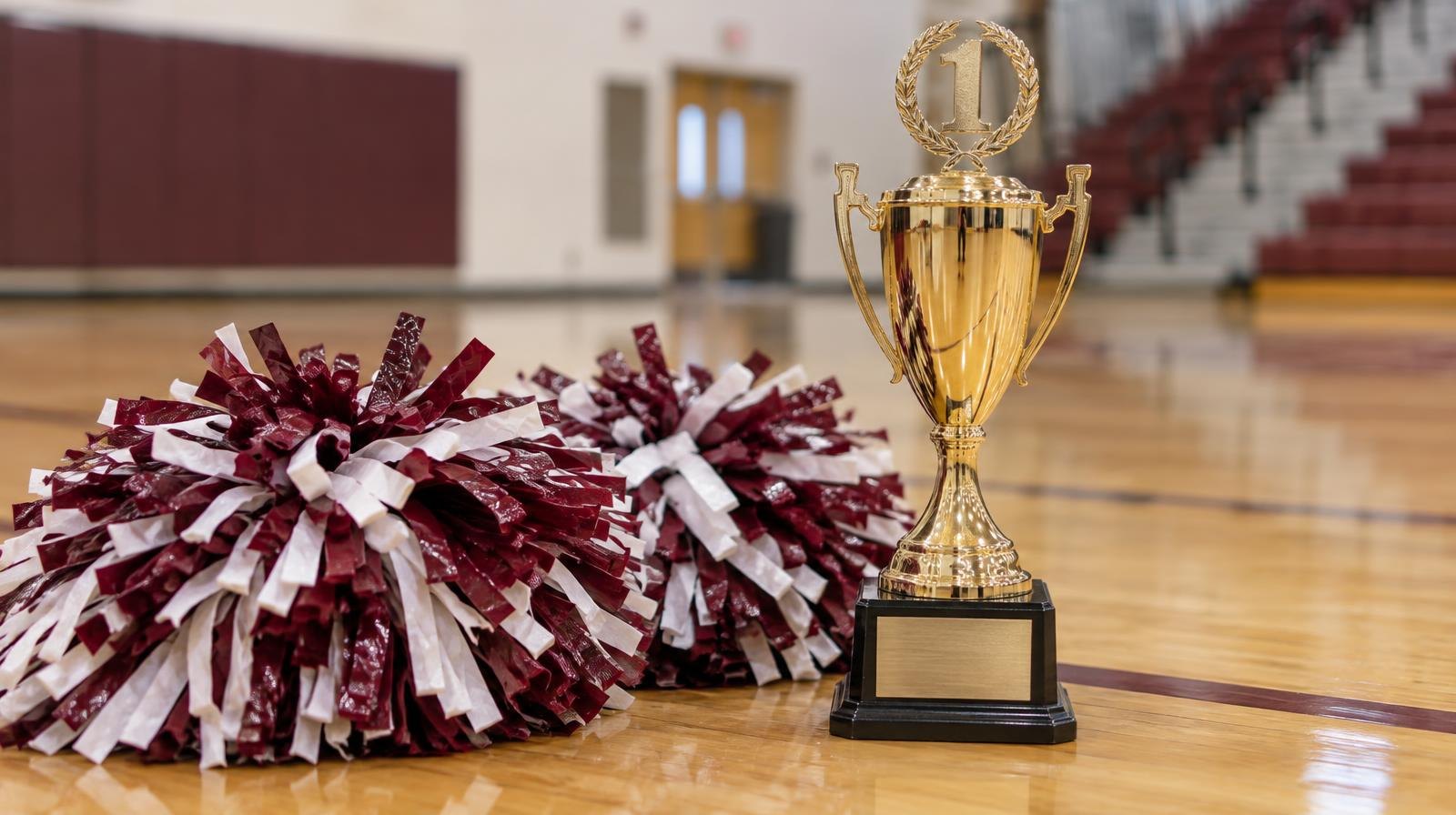 Colorful cheerleading pom-poms beside a gold first-place trophy on a hardwood floor.