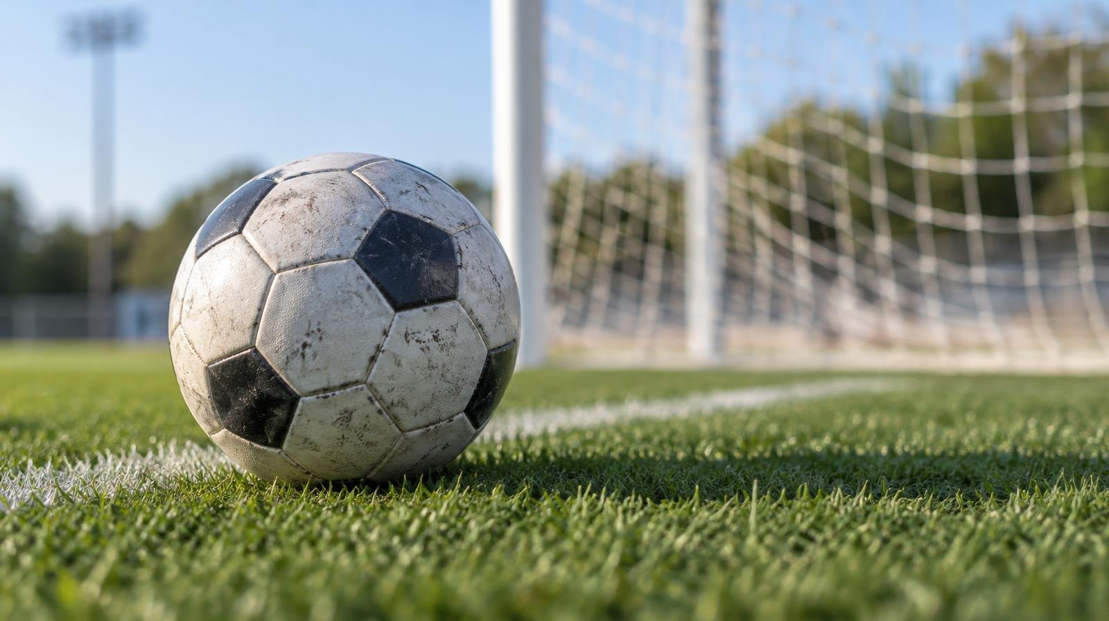 A white soccer ball on green grass in front of a goal net.