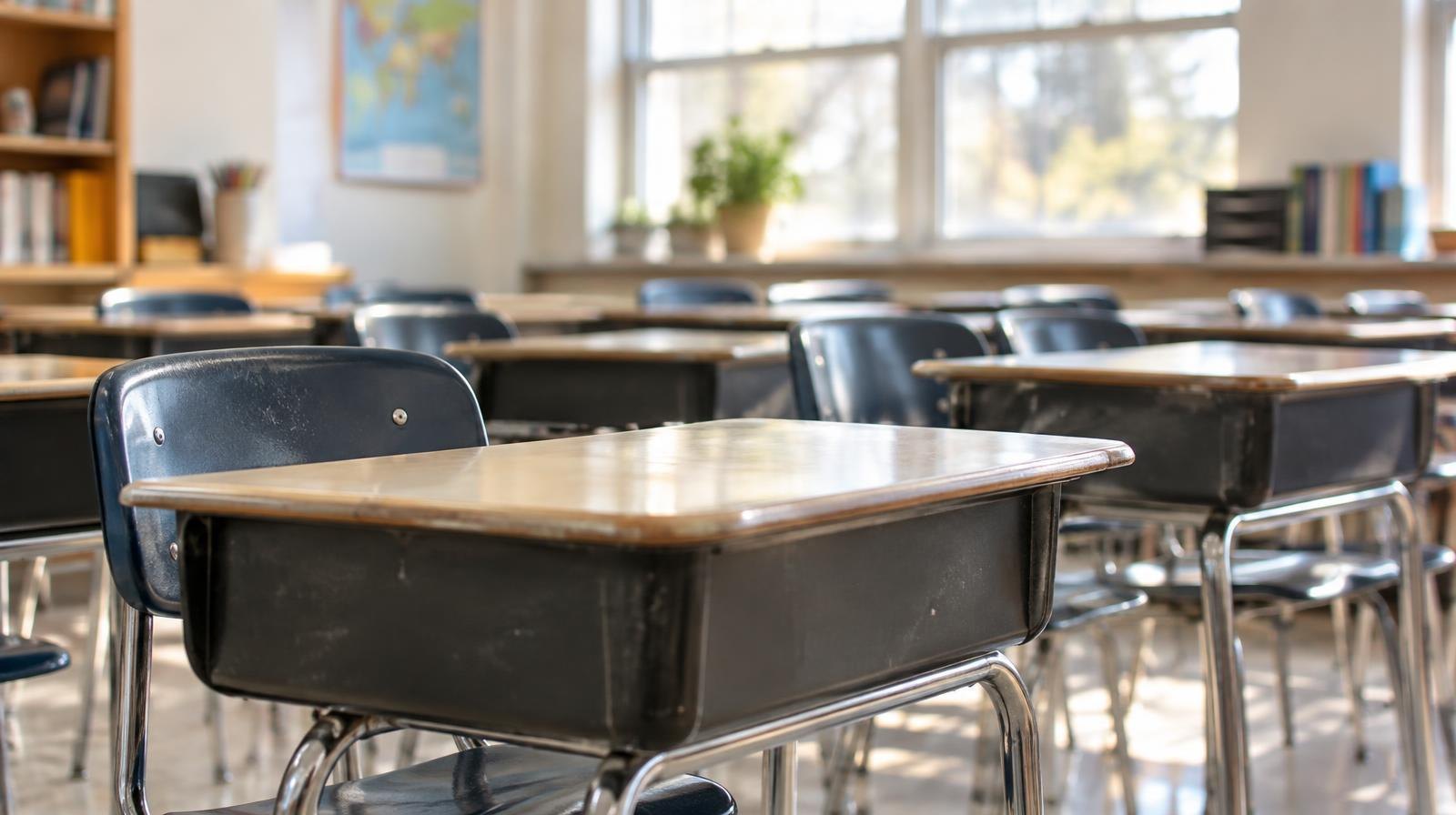 Empty student desks and chairs in a sunlit classroom.