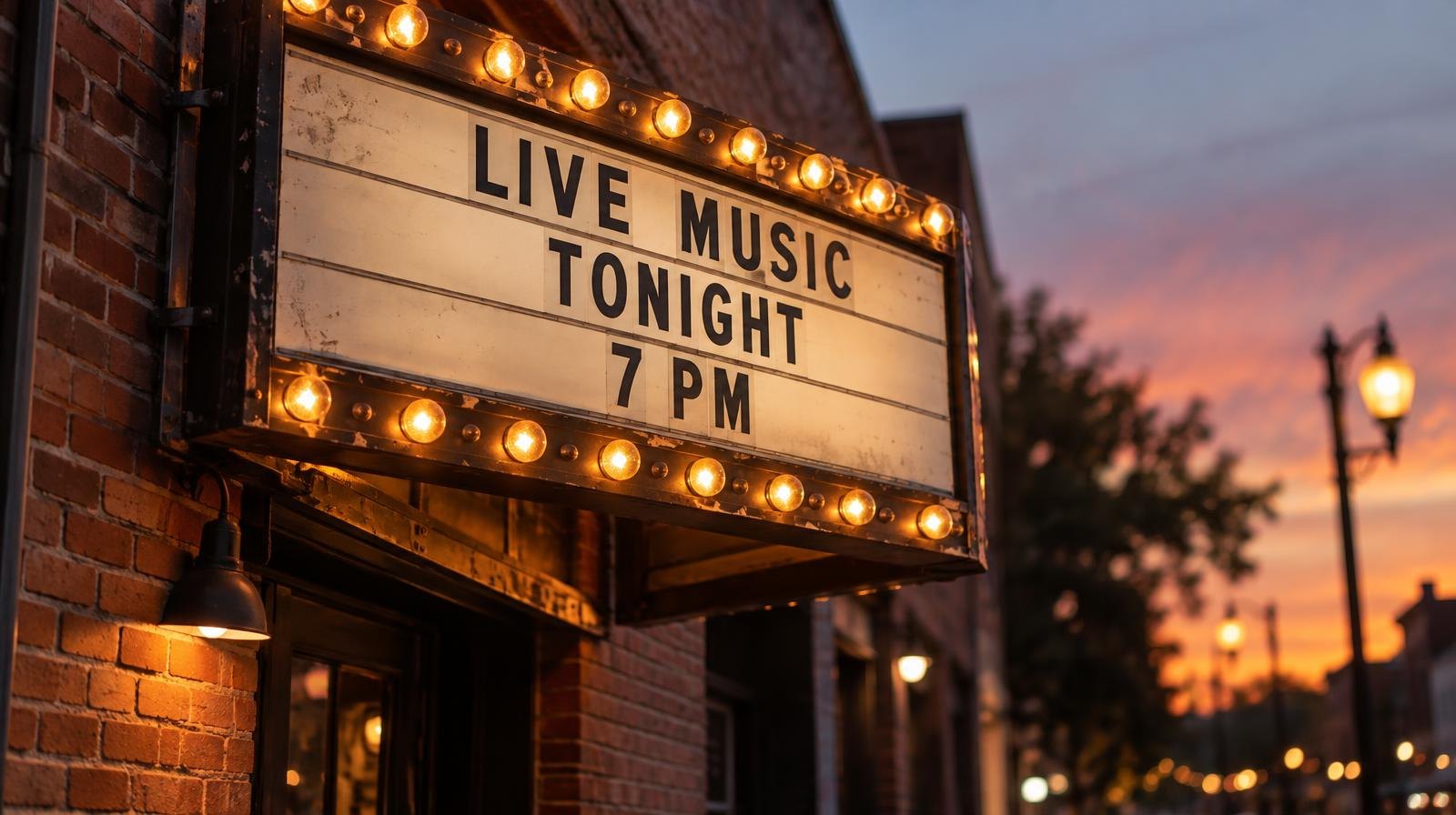 Glowing vintage marquee sign with light bulbs on a brick building exterior at dusk.