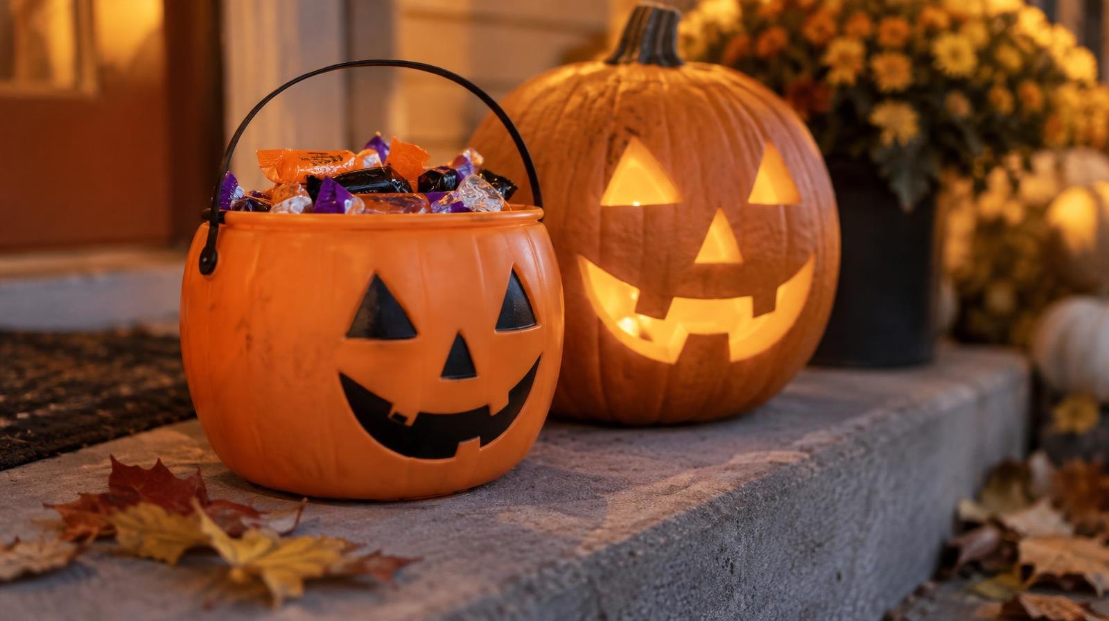A plastic jack-o'-lantern candy bucket filled with candy beside a carved pumpkin on a porch step.