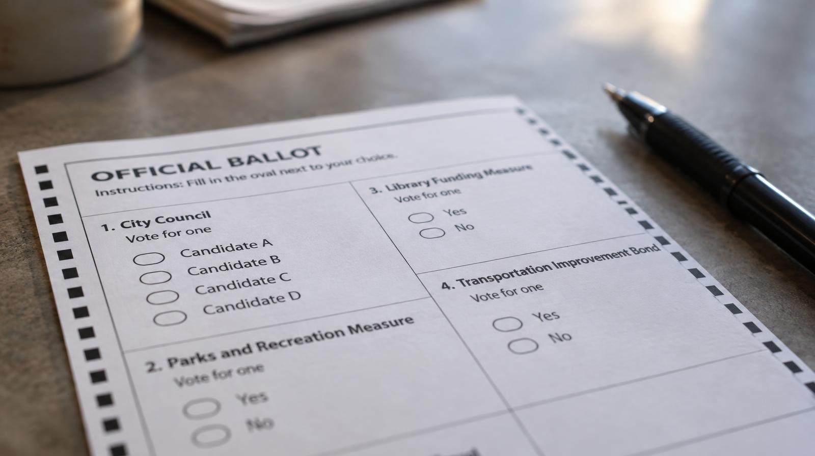 A paper ballot with printed questions and oval fill-in bubbles beside a black pen.