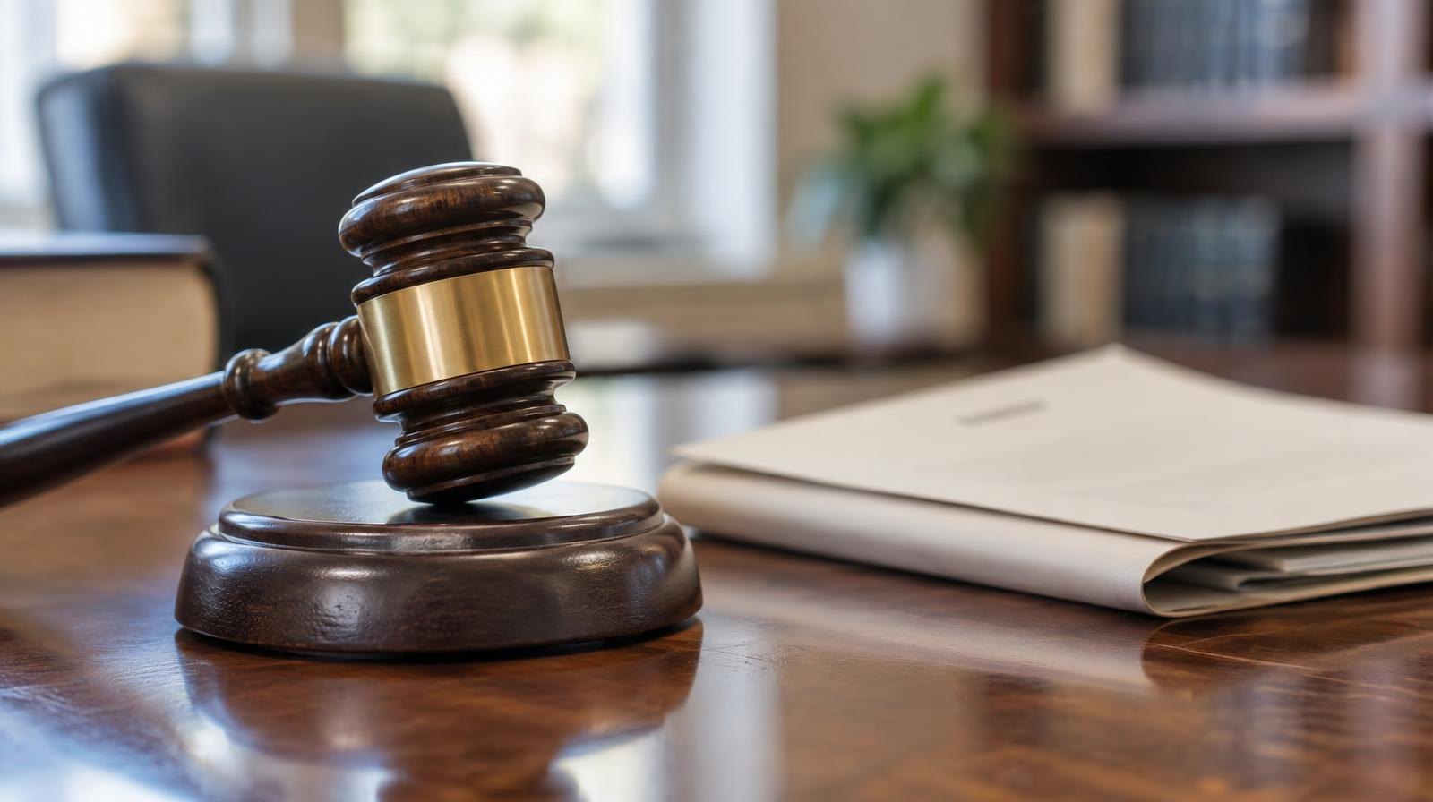 A wooden gavel resting on its sound block on a polished desk.
