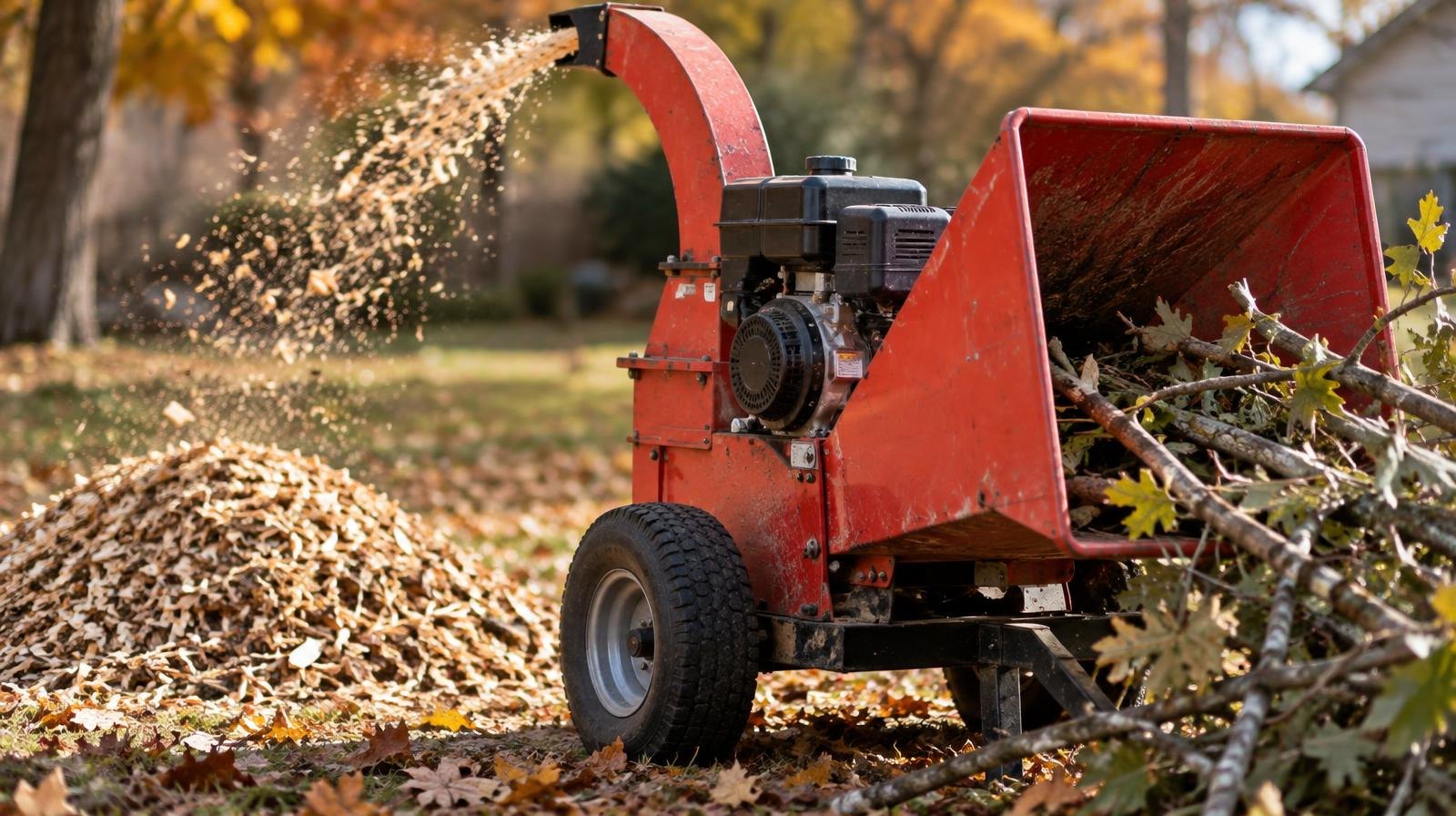A wood chipper machine next to a pile of wood chips and tree branches outdoors.