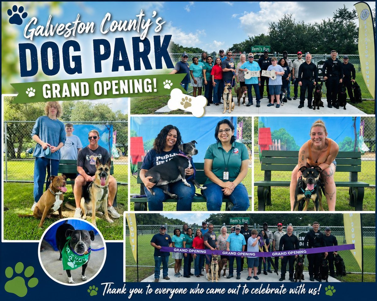 Collage of people and dogs at a ribbon-cutting grand opening ceremony for a dog park.