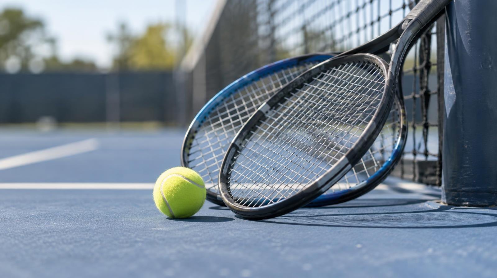 Two tennis rackets and a yellow ball resting on a blue hard court near a net post.