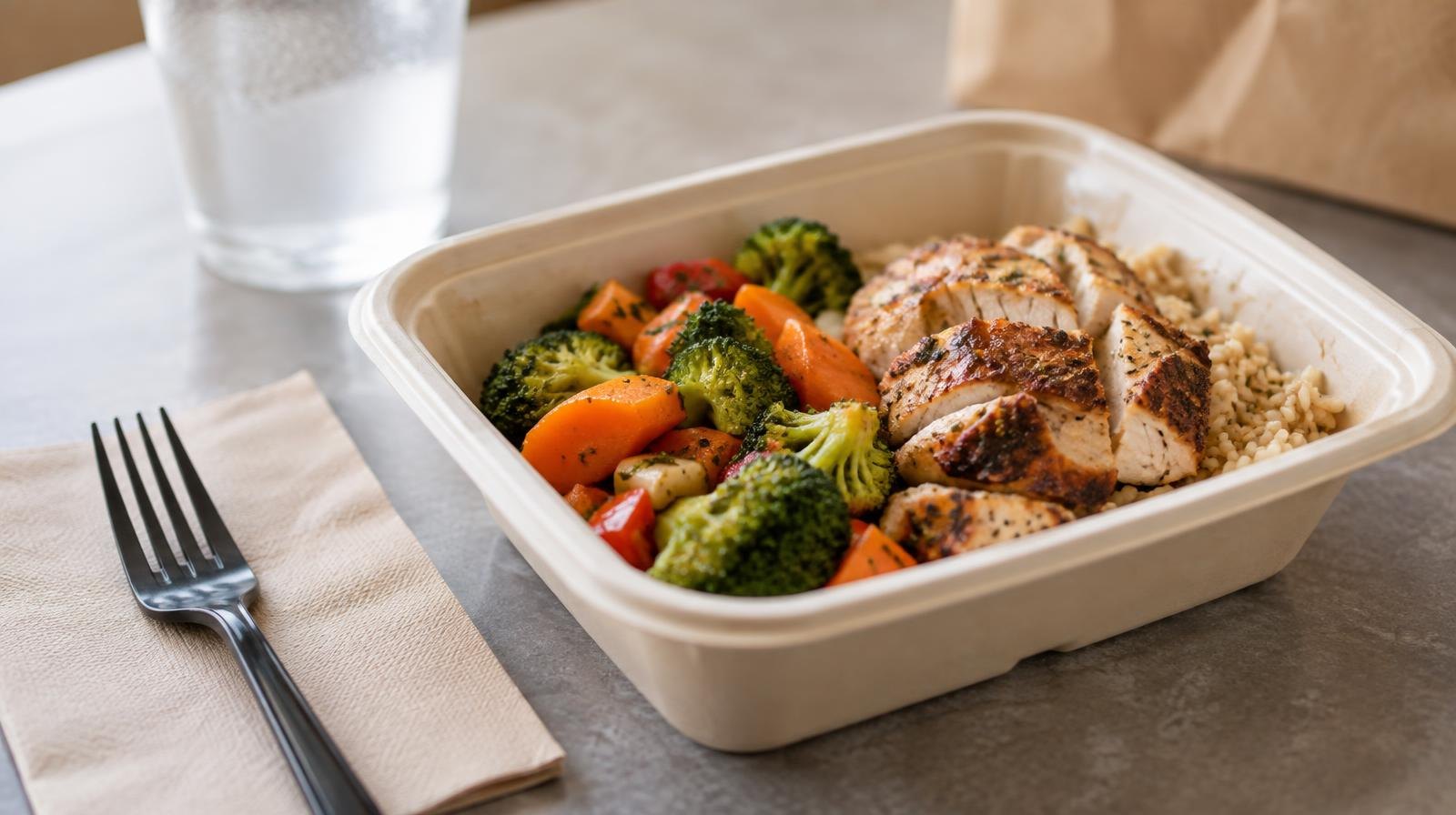 A warm meal in a foil tray with a plastic fork and napkin.