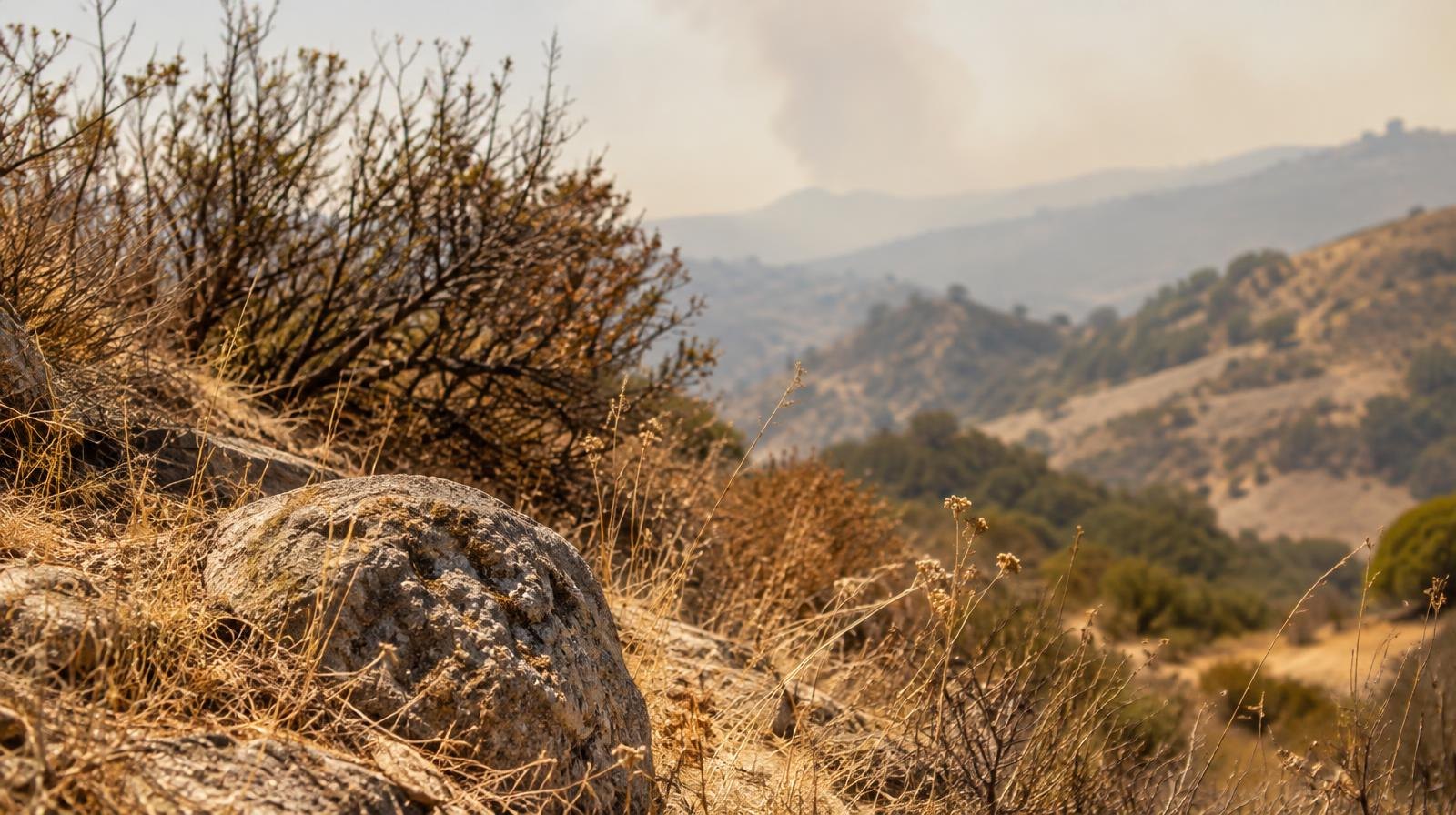 Dry golden hillside with sparse dead grass and brush under a hazy sky.